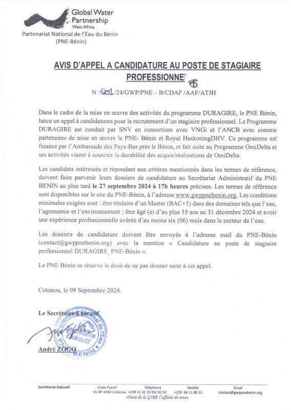 Avis d'Appel à candidature au poste de Stagiaire Professionnel