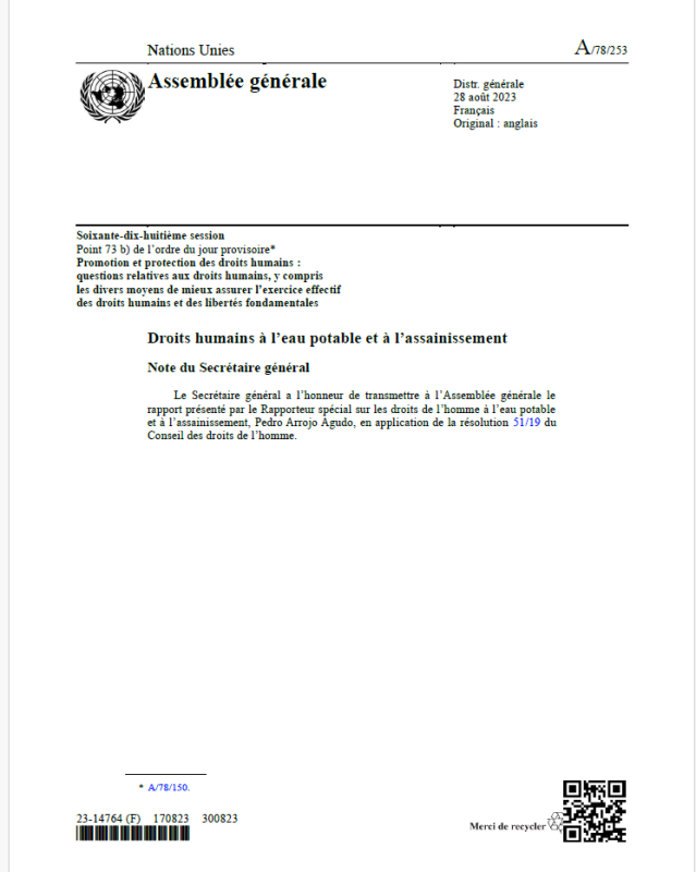 Rapport du Rapporteur spécial sur les droits de l'homme à l'eau potable et à l'assainissement