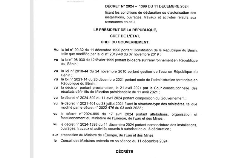 Décret 2024-1399 du 11 Décembre 2024 fixant les conditions de déclaration ou d'autorisation des installations, ouvrages, travaux et activités relatifs aux Ressources en Eau