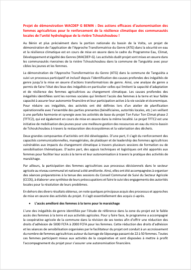  Des actions efficaces d'autonomisation des femmes agricultrices pour le renforcement de la résilience climatique des communautés locales de l'unité hydrologique de la rivière Tchoutchoubou ! 