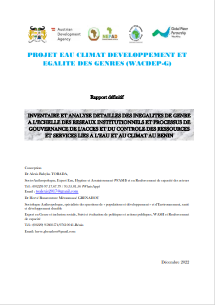 Inventaire et analyse détaillés des inégalités de genre à l'échelle des réseaux institutionnels et processus de gouvernance de l'accès et du controle des ressources et services liés à l'eau et au climat au bénin