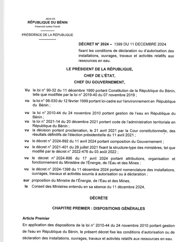 Décret 2024-1399 du 11 Décembre 2024 fixant les conditions de déclaration ou d'autorisation des installations, ouvrages, travaux et activités relatifs aux Ressources en Eau